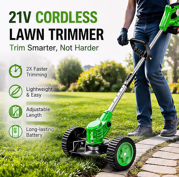 Cordless Weed Wacker with 2 Batteries, Lightweight 21V Weed Trimmer with Wheels, Electric Grass Trimmer, Adjustable Shaft Lawn Tool for Small Yard Tight Spaces