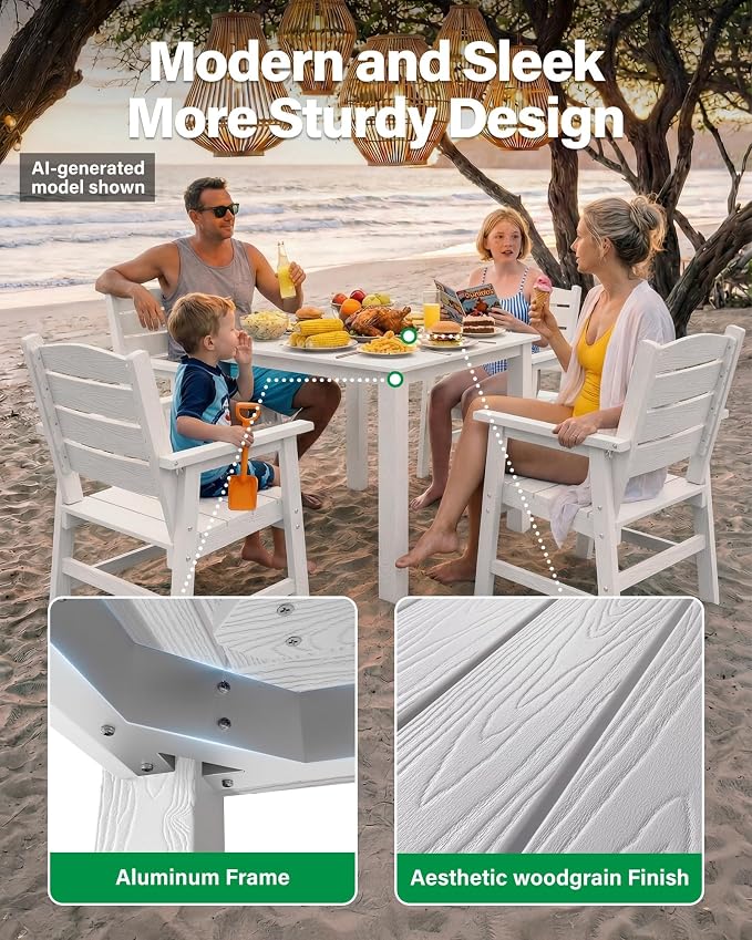 YEFU HIPS Patio Dining Set for 6: 8-Piece Outdoor Table and Chairs with Aluminum Frame - All-Weather Patio Dining Sets Modern Outside Furniture with Metal Aluminum Frame for Family in Deck/Pool White