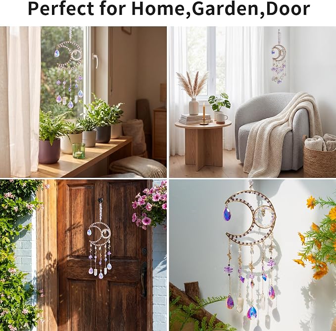 Crystal Suncatcher Moon Decor with Natural Stones Window Hanging-Purple | Handmade crystal decoration with natural stones, creates rainbow reflections for windows, bedrooms and home decor.
