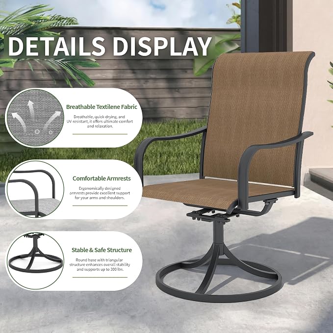 Anmutig 5-Piece Outdoor Patio Dining Set, 40" Round Glass Table with 4 Swivel Rocking Patio Chairs Furniture Set for Kitchen Garden, Backyard, Brown