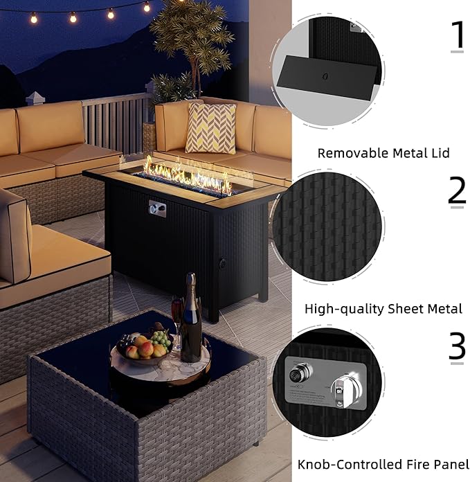 JAMFLY 8 Piece Outdoor Patio Furniture Set with Propane Fire Pit Table, All-Weather PE Wicker Rattan Sectional Sofa Set with Thick Cushions for Backyard, Garden, Poolside(Khaki, Silver)