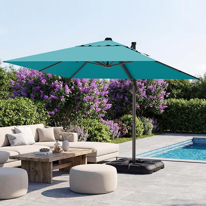 GENTEACO 10X10 FT Cantilever Umbrella, Large Offset Patio Umbrella with 6 Angle Tilts & 360° Rotation, Large Square Sun Umbrellas for Outdoor Patio Pool Deck Market, Turquoise Blue