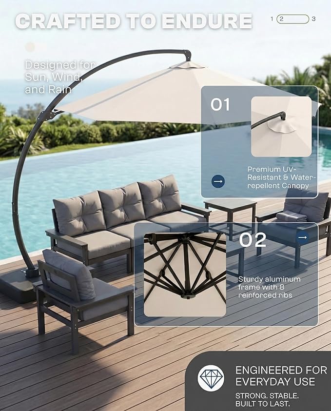 11 FT Cantilever Umbrella with Base Included, Large Round 360° Rotation Offset Umbrella Outdoor Patio, Heavy Duty Aluminum Frame, Sand-Weighted Stand, for Deck, Backyard, Pool, Garden (Cream White)