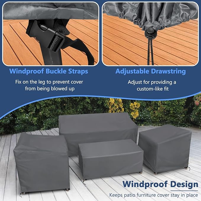 STARTWO Patio Furniture Covers 4 Piece Set, Heavy Duty Waterproof Outdoor Furniture Cover for Rattan Wicker Conversation Set,Grey,Large