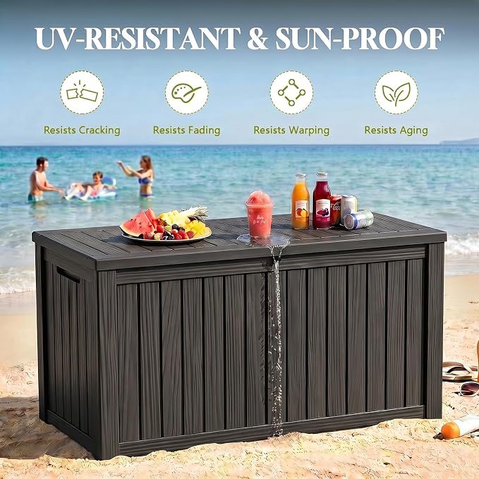 Waterproof Outdoor Storage Box Outside Deck Box Lockable Resin Bench UV Resistant Furniture Cushion Pool Tool Float Bin Patio Garden Porch (Black, 180 Gallon)