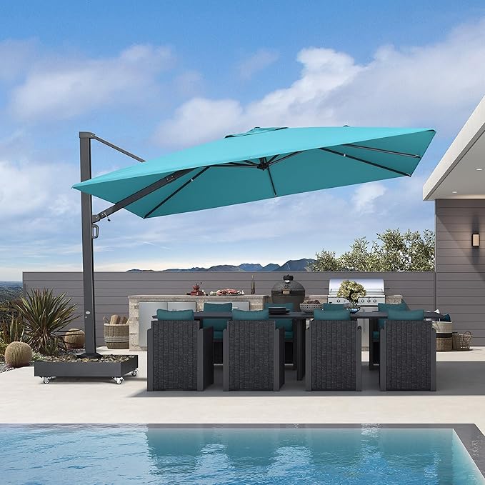 PURPLE LEAF 12' X 9' Space Saving Rectangle Patio Umbrella Large Outdoor Aluminum Offset Umbrella with 360-degree Rotation Cantilever Umbrella for Garden Deck Backyard Pool Turquoise Blue