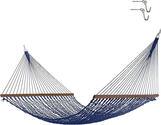 Nags Head Hammocks Admiral Navy DuraCord Rope Hammock – 13 ft. x 60 in., 2-Person, 450 lb Capacity, Cumaru Spreader Bar, Free Chains & Tree Hooks, Handcrafted in The USA