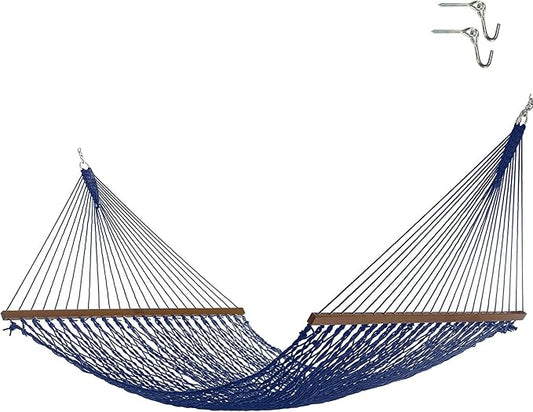 Nags Head Hammocks Admiral Navy DuraCord Rope Hammock – 13 ft. x 60 in., 2-Person, 450 lb Capacity, Cumaru Spreader Bar, Free Chains & Tree Hooks, Handcrafted in The USA