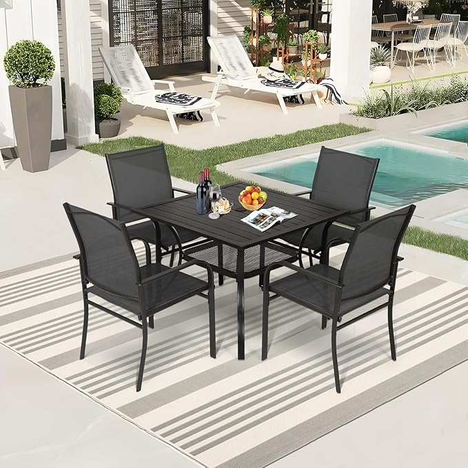 Incbruce 5 Pieces Patio Dining Set, Outdoor Dining Set of 4 Textilene Chairs and Square Table with Umbrella Hole for Backyard, Garden, and Poolside (Black)