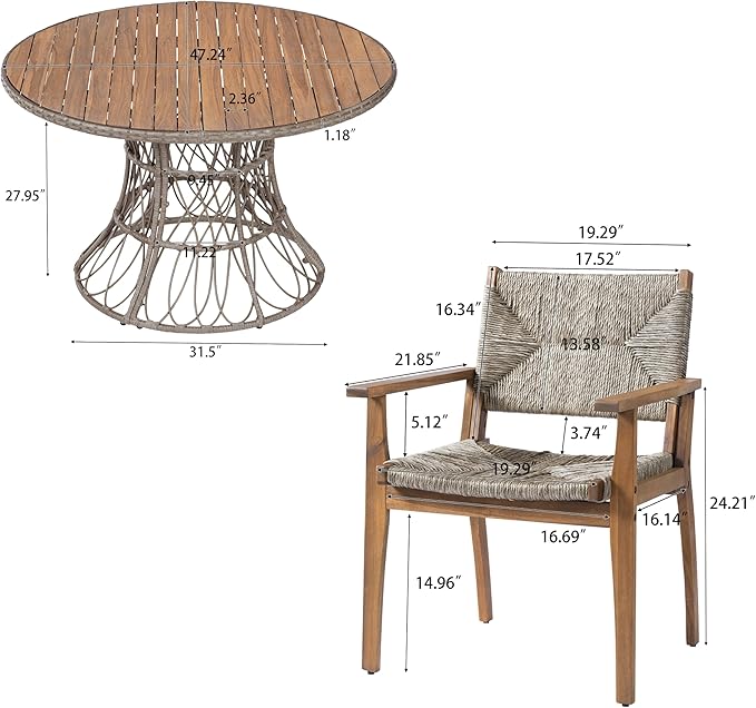 Merax 5-Piece Outdoor Dining Set, 47.24'' Round Acacia Wood Table & 4 Wicker Armchairs, Patio Furniture Set for Garden Balcony Deck, Brown Finish