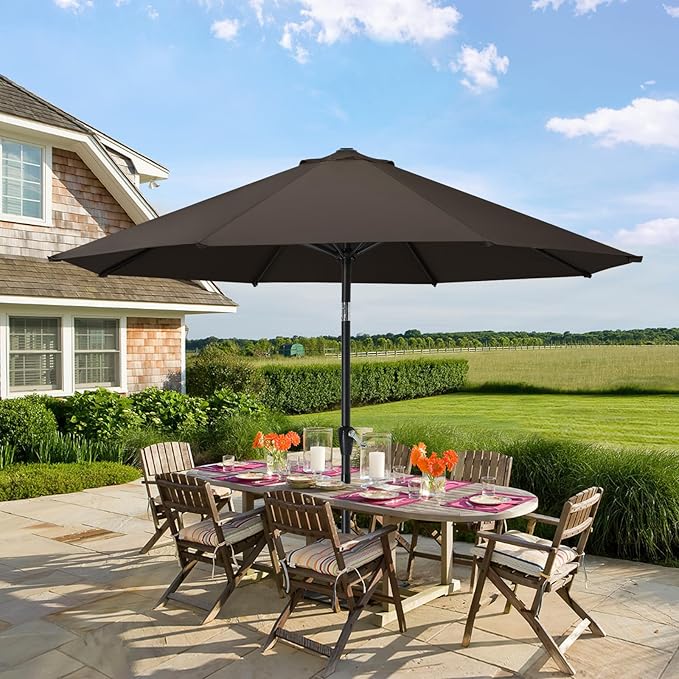 MASTERCANOPY 9FT Patio Umbrella with Push Button Tilt and Crank, Outdoor Market Umbrella with 8 Sturdy Ribs, UV Protection & Waterproof for Garden, Deck, Backyard, Pool (Brown)