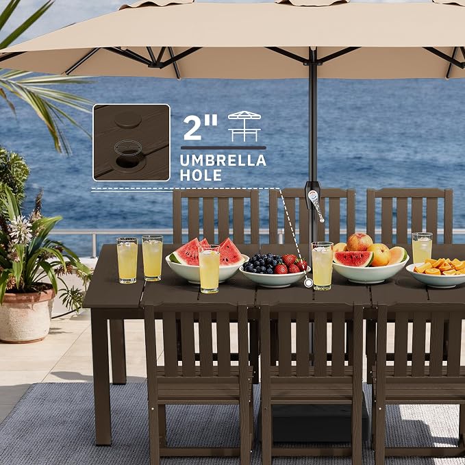 AreShark 7-Piece Outdoor Dining Set,HDPE Patio Table with 6 Armless Chairs,All-Weather Patio Furniture Set with Umbrella Hole,Low Maintenance Wood Grain Dining Set for Backyard,Garden,Poolside,Black