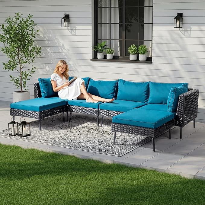 Outvita 6 Pieces Patio Furniture Set, All-Weather Outdoor Sectional Patio Sofa PE Rattan Manual Weaving Wicker Conversation Set with Ottoman & Adjustable Feet & Pillow & Seat Cushion, Green & Black