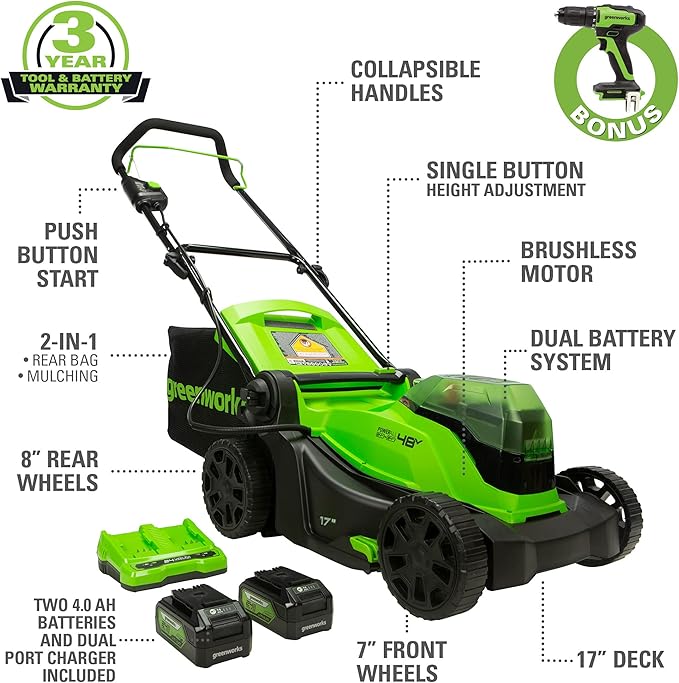 Greenworks 48V 17" Brushless Cordless Lawn Mower + 24V Drill/Driver, (2 x 24V) & 0.065" Dual Line Replacement String Trimmer Line Spool, 3 Count (Pack of 1)