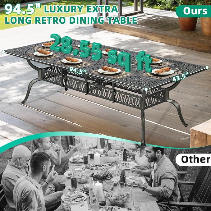 VIVIJASON 9-Piece Outdoor Dining Set, Cast Aluminum Patio Furniture Table & Chairs Set, Include 94.5" Rectangular Table, 2 Swivel Rocker Chair, 6 Stationary Chairs, Umbrella Hole, Navy Blue Cushion