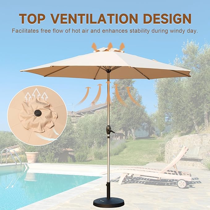 Domi 9FT Patio Umbrella Outdoor Market Umbrella with Silver Aluminum Pole, UV Resistant Canopy, Wind Vent, Tilt & Crank System, Perfect for Patio, Garden, Deck, Pool, Outdoor Dining, Beige