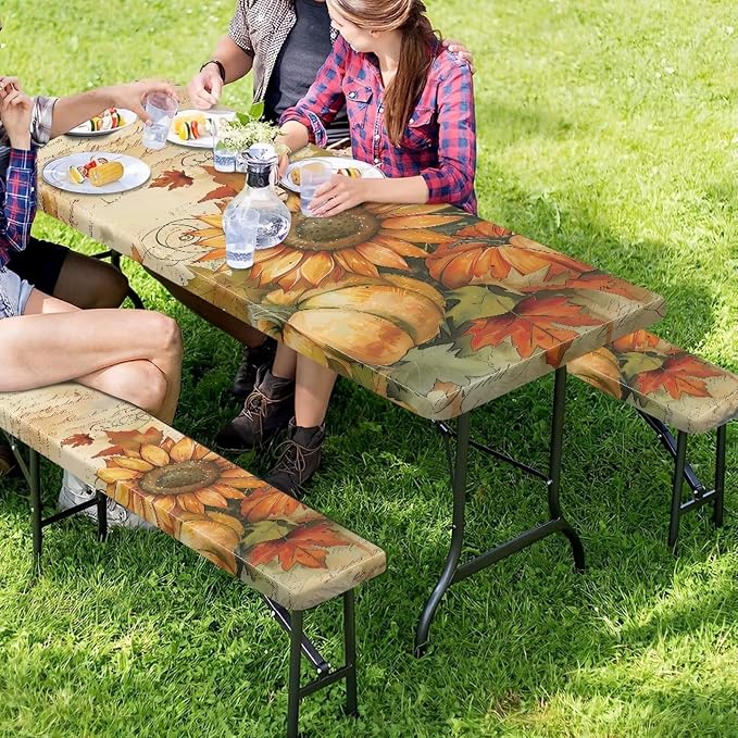 Sunflower 3 Pcs Picnic Table Cover with Bench Covers 3 Piece Set 30 x 94 Inch Picnic Foldable Picnic Table and Bench Fitted Tablecloth Cover for Outdoor BBQ Holiday Party Camping