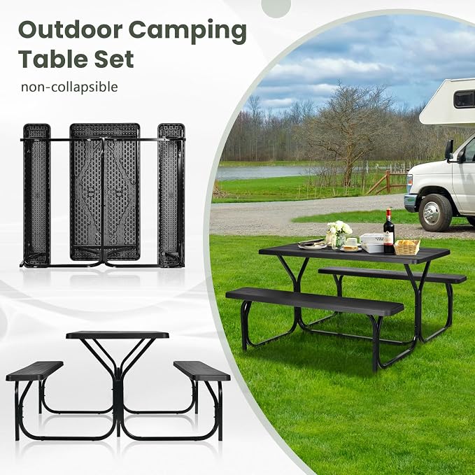 Picnic Table, Camping Portable Picnic Table Bench Set for 4 Persons, Heavy-Duty Steel Frame & Resin Tabletop, All Weather Outdoor Picnic Tables for Patio Travel BBQ Party Garden (Black)