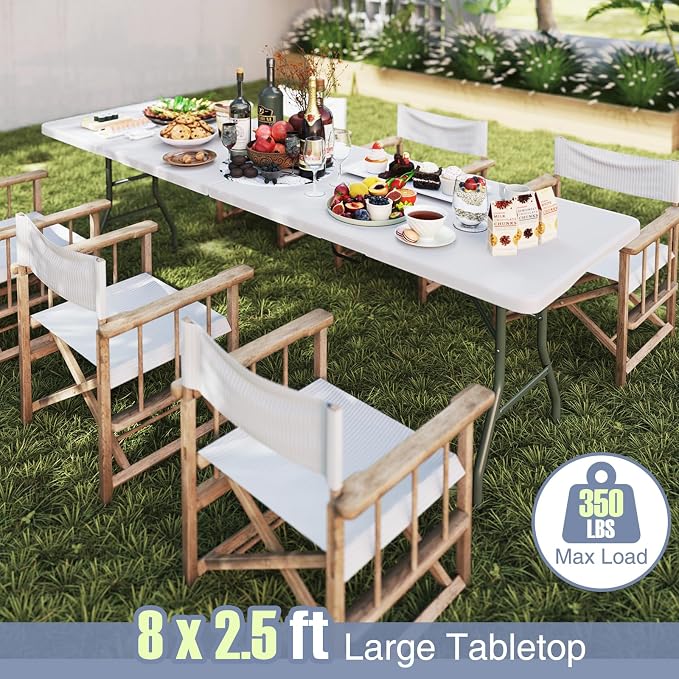 Goplus 8ft Plastic Folding Table, 350 LBS Outdoor Heavy Duty Folding Tables with HDPE Tabletop, Handle, Lock, Foldable Rectangle Portable Utility Card Table for Picnic, Party, Camping, Dining