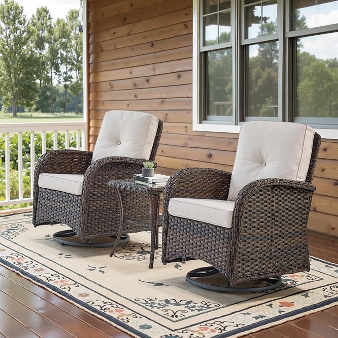Belord Patio Wicker Chairs Swivel Rocker - Outdoor Swivel Rocking Chairs Set of 2 with Rattan Side Table, Patio Swivel Glider Chair 3 Piece Patio Furniture Sets for Deck Porch Pool Brown/Beige