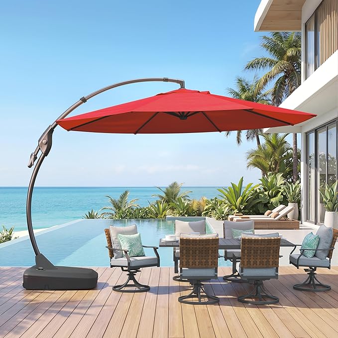 Grand patio 11FT Cantilever Umbrella with Base Outdoor Round Aluminum Offset Umbrella for Garden Backyard (Red, 11 FT)