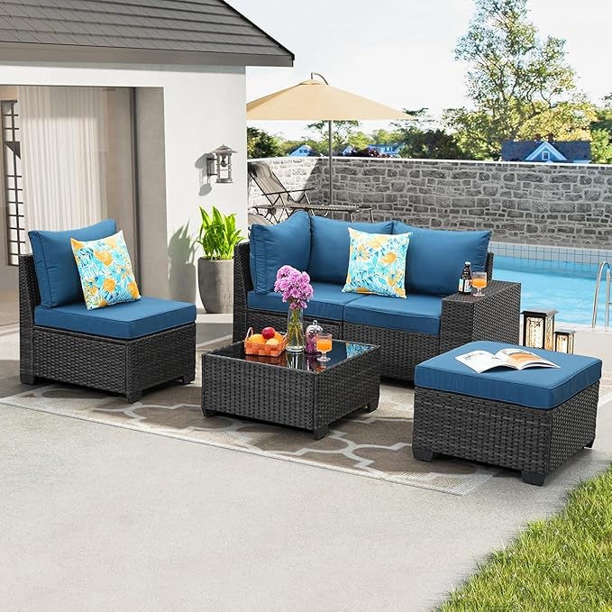 5 Pieces Patio Furniture Set,Wicker PE Rattan Outdoor Sectional with Cushion & Coffee Table, Patio Conversation Sofa for Garden, Backyard, Poolside, Peacock Blue
