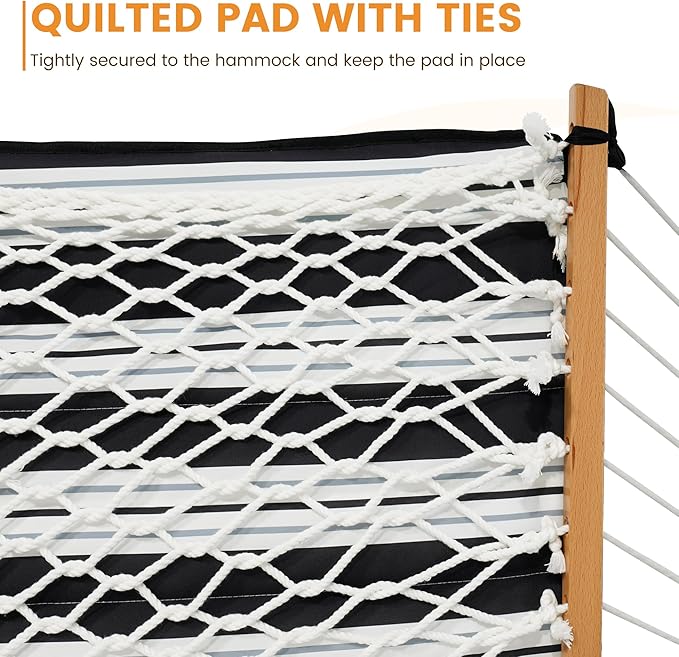 Lazy Daze Hammocks Rope Hammock with Pad, Spreader Bar, Carabiners, Tree Straps, Chains for Outside Patio- Max 450 Lbs, Black White Stripes