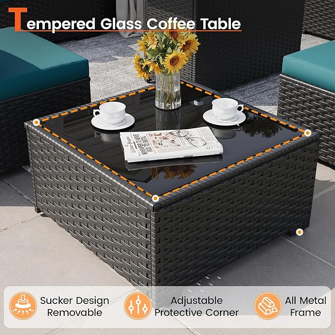 8 Piece Patio Furniture Set with 43" Fire Pit Table, Outdoor Sectional Wicker Rattan Sofa Set with Coffee Table (Peacock Blue/Black)
