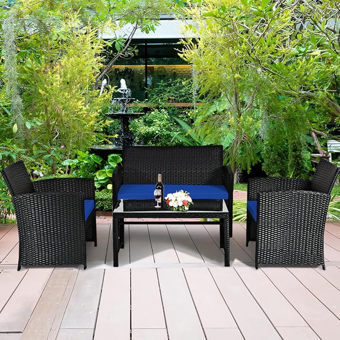 COSTWAY 4 Pieces Patio Rattan Furniture Set, Outdoor Wicker Conversation Set with Soft Cushions & Tempered Glass Coffee Table, Cushioned Chair Sofa for Backyard, Porch, Poolside, Lawn, Garden, Navy
