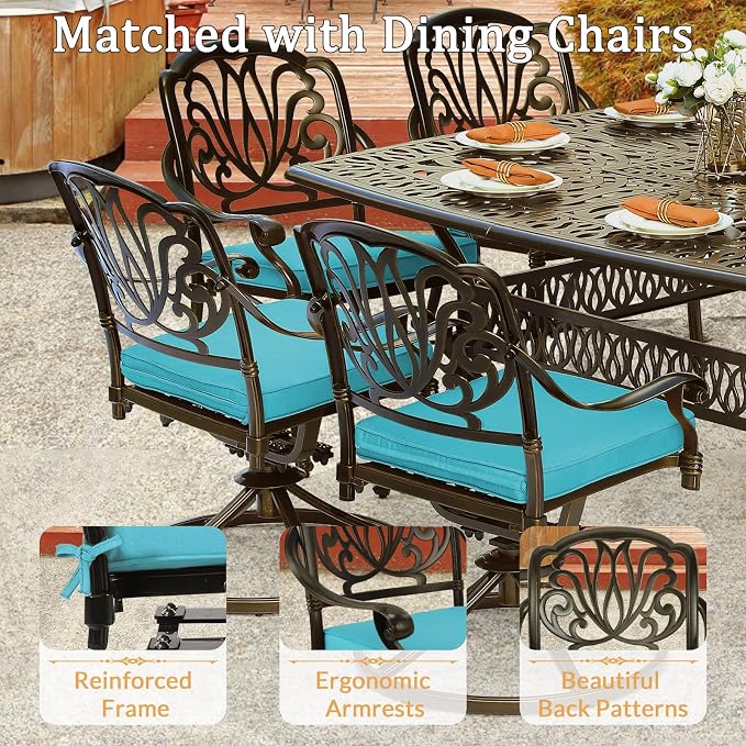 9 Piece Outdoor Patio Dining Set for 8, Cast Aluminium Large Square Dining Table & 4 Swivel Rocker Chairs, 4 Stationary, 8 Cushions, Umbrella Hole, Patio Furniture Set for Garden, Ocean Blue
