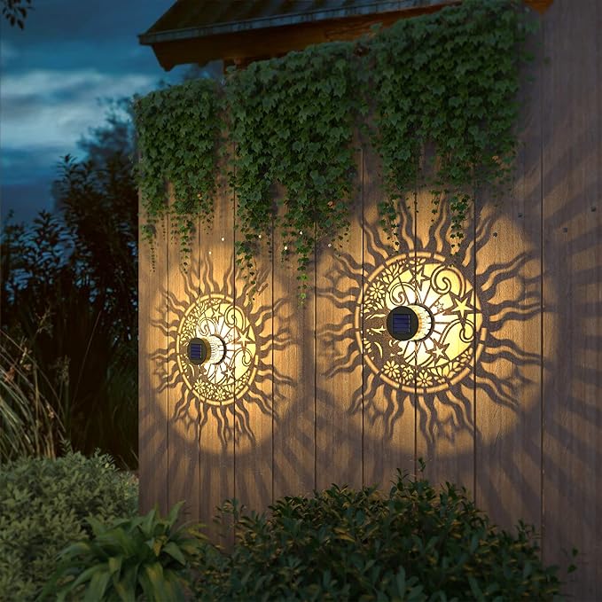 gardencave 2 Pack Solar Fence Lights Metal Solar Powered Outdoor Wall Deck Lights Sun Moon Theme Waterproof Fence Light for Garden Post Patio Backyard Yard Decor (Face, 2 Pack)