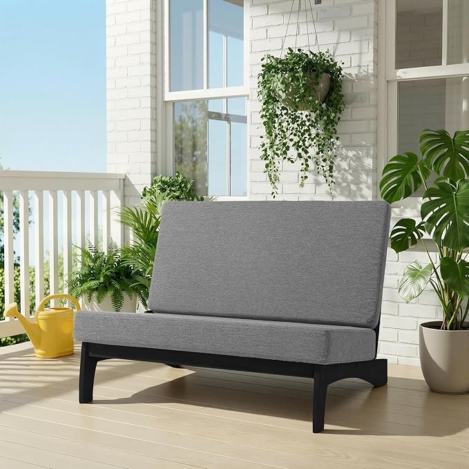 UIXE Black Wood Patio Furniture Sets, 2 Pieces All Weather Patio Loveseat Outdoor Sofa with Solid Wooden Coffee Table - Light Gray