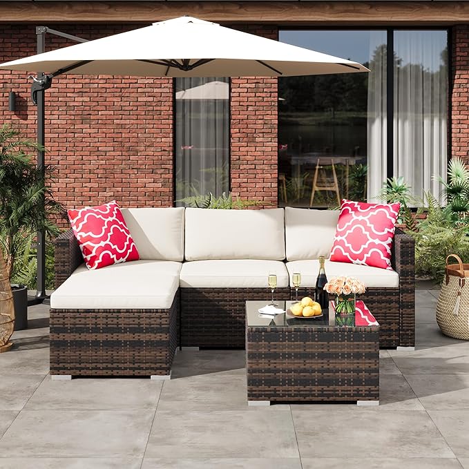 5-Piece Outdoor Sectional Sofa Set, All-Weather PE Rattan Patio Furniture with Ottoman & Tempered Glass Table, Convertible Garden Couch for Backyard, Porch, Poolside (Brown/Beige)
