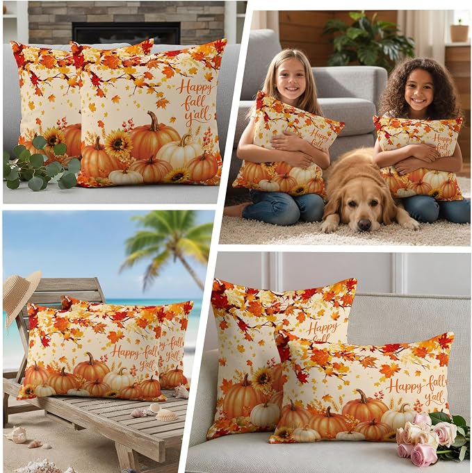 Orange Fall Waterproof Outdoor Pillow Covers 20''x20'' Set of 2, Maple Tree Branch Thanksgiving Pumpkin Patio Cushion Covers for Chairs,Decorative Countryside Leaves Pillow Cases for Garden/Pool/Beach