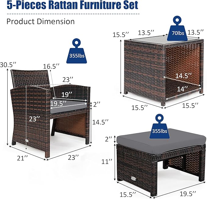 Tangkula 5 Pieces Wicker Patio Conversation Set, PE Rattan Outdoor Chairs & Ottomans Set with Single-Door Storage Coffee Table, Space-Saving Patio Furniture for Poolside, Backyard, Lawn, Deck (Grey)
