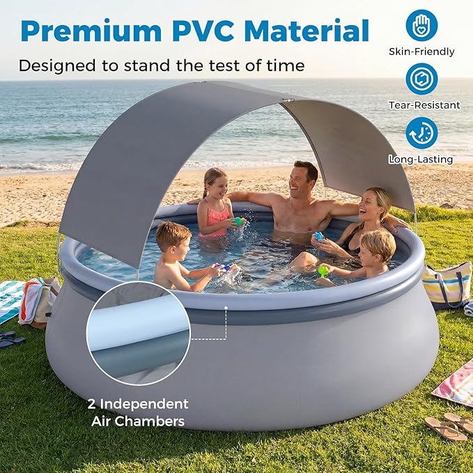 Goplus Inflatable Pool with Canopy, Large Round Above Ground Swimming Pool w/ 2 Air Chambers, Repair Patch, Top Ring Blow Up Pools for Backyard, Lawn, Garden (118” x 68”)