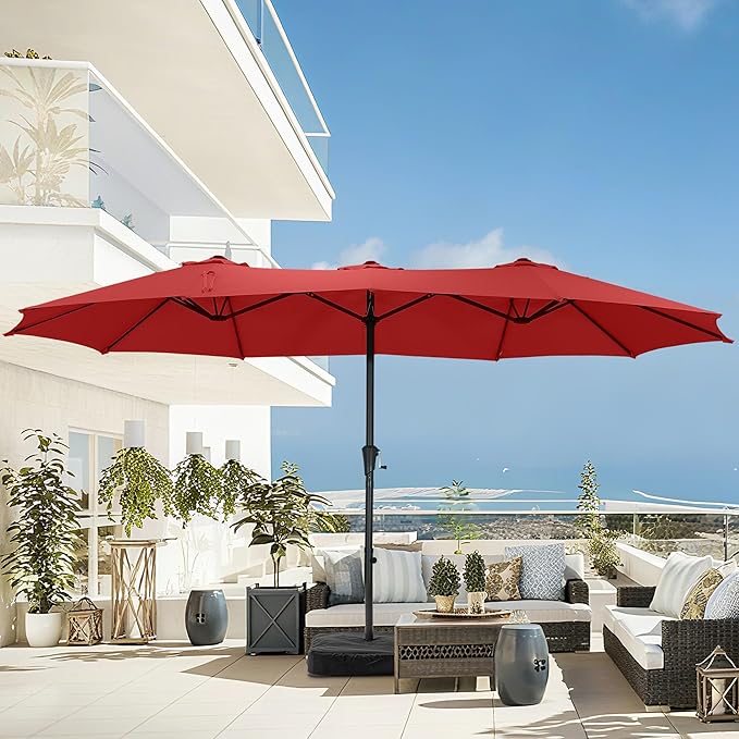 15 ft Patio Umbrella with Base, Large Rectangle Outdoor Umbrella with Matching Stand, Strap, Crank, Red