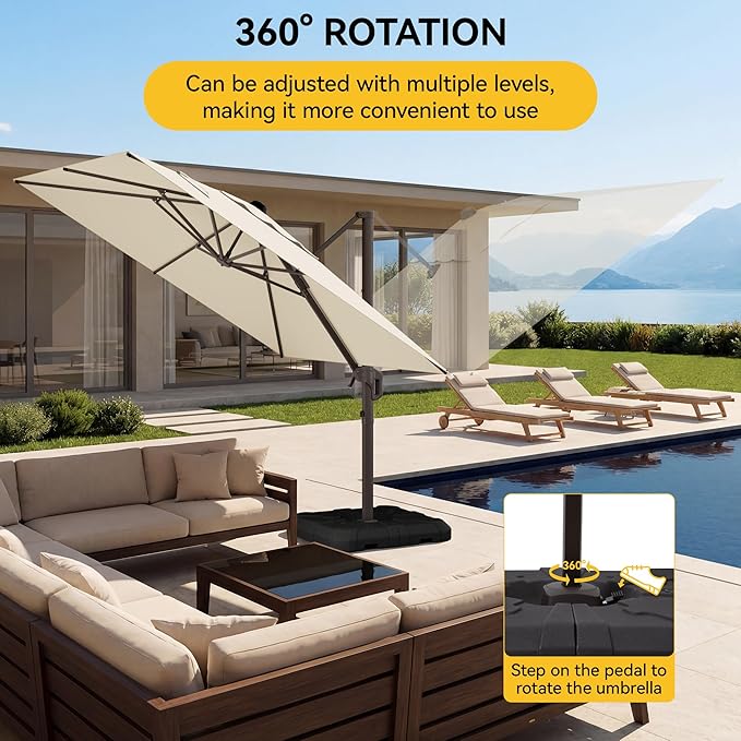 10x10FT Cantilever Outdoor Umbrella with Base, 360° Rotating Large Offset Square Patio Umbrella, Ideal for Garden Backyard Deck Courtyard, Beige