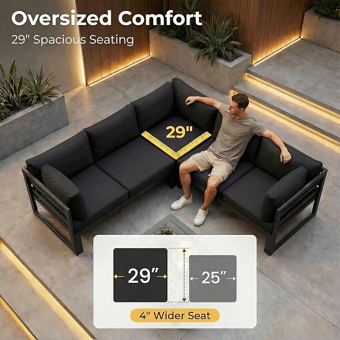NICESOUL 17 Piece Extra Large Aluminum Patio Furniture Set with Fire Pit Table & End Table, 29" Deep Wide Seating, 500 lbs High Weight Capacity, Comfortable Outdoor Sectional Sofa for Poolside, Black