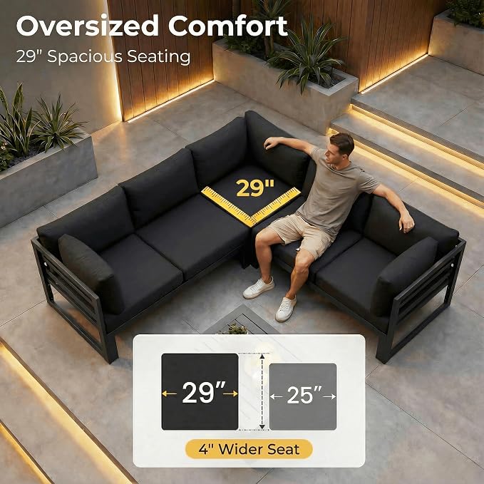 NICESOUL 6 Person Modern Aluminum Patio Furniture Set, 500 lbs Heavy Duty Sturdy Outdoor Sectional Sofa, 29" Deep Wide Oversized Seating, L Shaped Modular Conversation Couch for Garden Backyard, Black