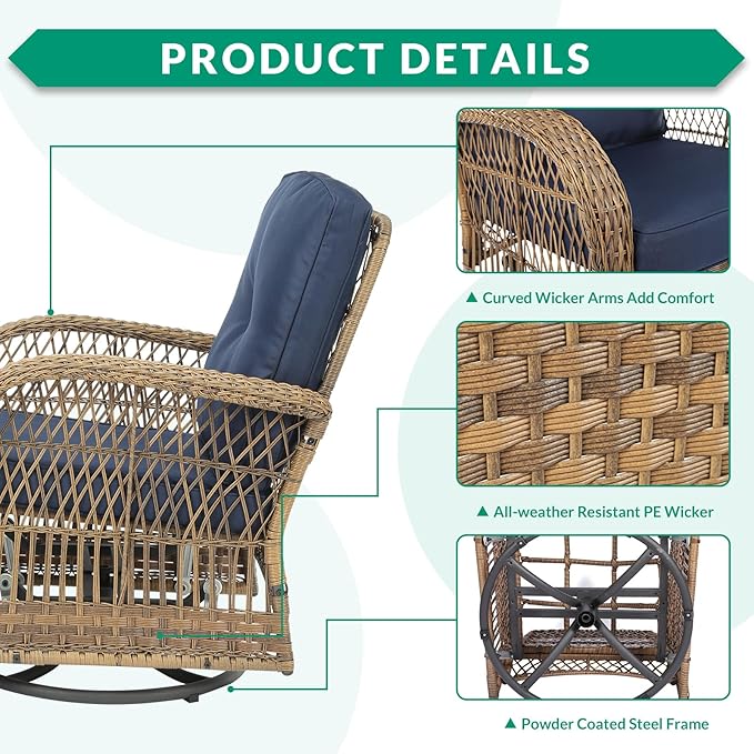 VIVIJASON 3-Piece Outdoor Conversation Bistro Set, Patio Swivel Glider Rocking Chairs Rattan Furniture Sets w/ 2 Rattan Chairs, Cushions, Glass Top Side Table for Porch Backyard, Navy Blue