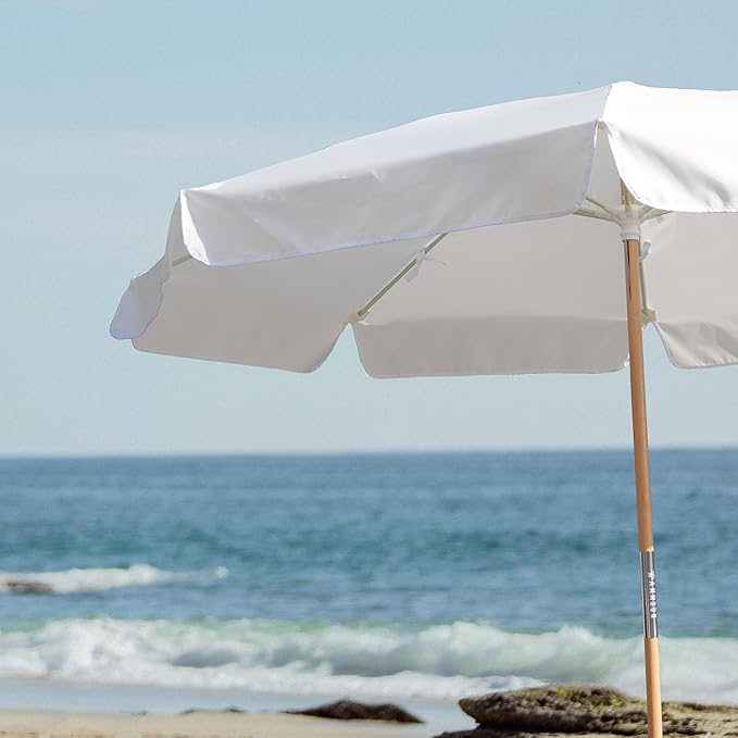 AMMSUN 7.8ft Seashore Umbrella, Outdoor Umbrella, Boho Beach & Patio Umbrella with UV 50+ Air Vent Ash Wood Pole Carry Bag & Water-Resistant Canvas (Antique White)