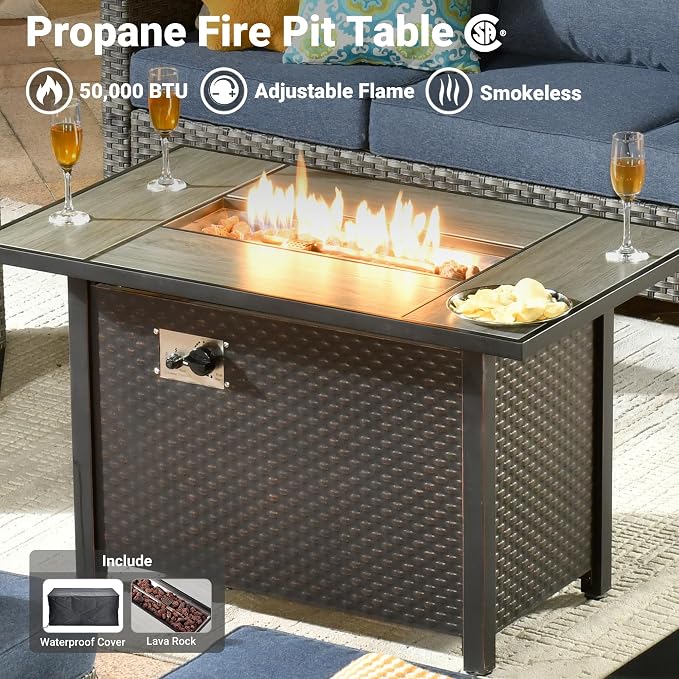ovios 6 Pieces Patio Furniture Set with Fire Pit Table, Outdoor Wicker 3-Seat Sofa with Comfy Cushion, High Back Rattan Conversation Set for Deck Porch, Denim Blue