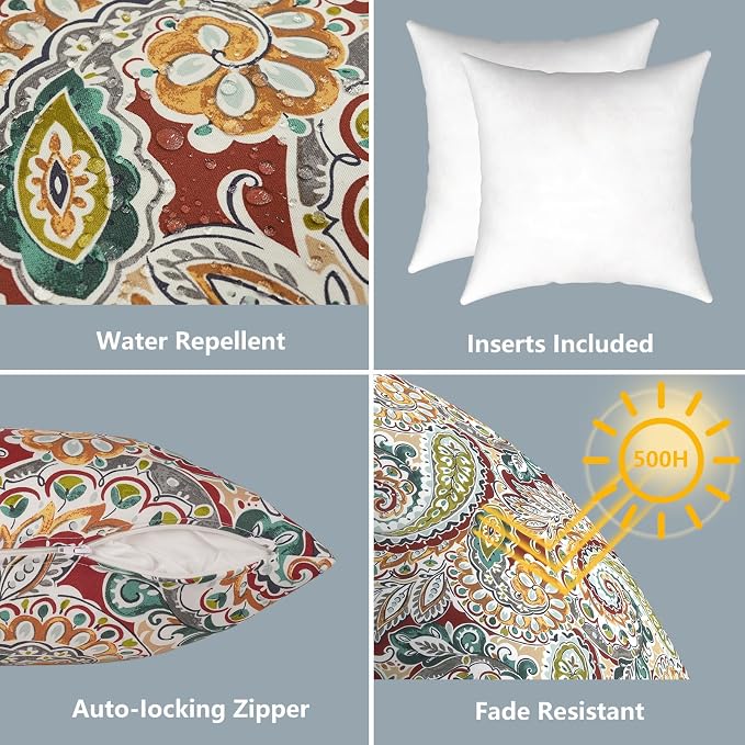 LVTXIII 2 Pack Outdoor Pillows 18x18 Inch, Square Throw Pillows with Inserts, Decorative Water-Repellent Pillow Cushions for Patio Furniture and Garden Sofa, Vibrant Paisley