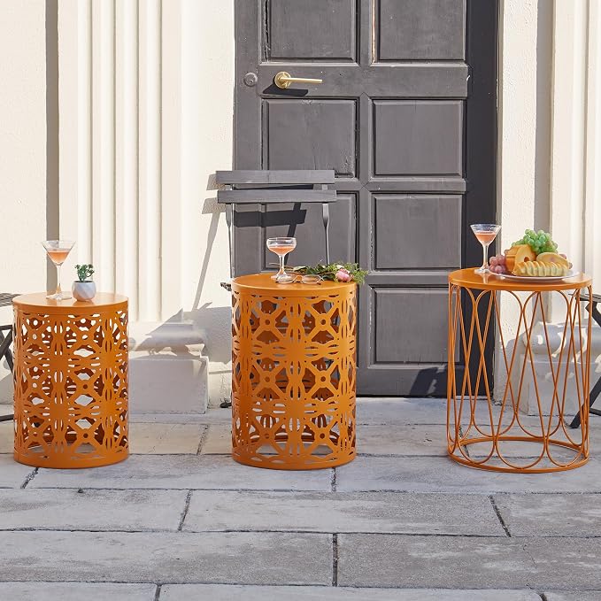 Y&M Outdoor Side Tables Set of 3, Metal Stacking Patio Side Tables for Outside, Round Indoor End Tables, Decorative Garden Stool Plant Stand for Patio Garden Balcony Porch, Orange
