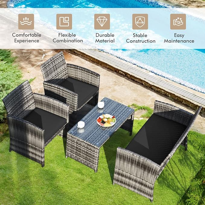 Outdoor Conversation Set, 8 Pieces Wicker Patio Furniture Set with Ergonomic Curved Design, Patio Chair Set with Water-Resistant Cushion & Tempered Glass Table for Balcony,Porch (Black)