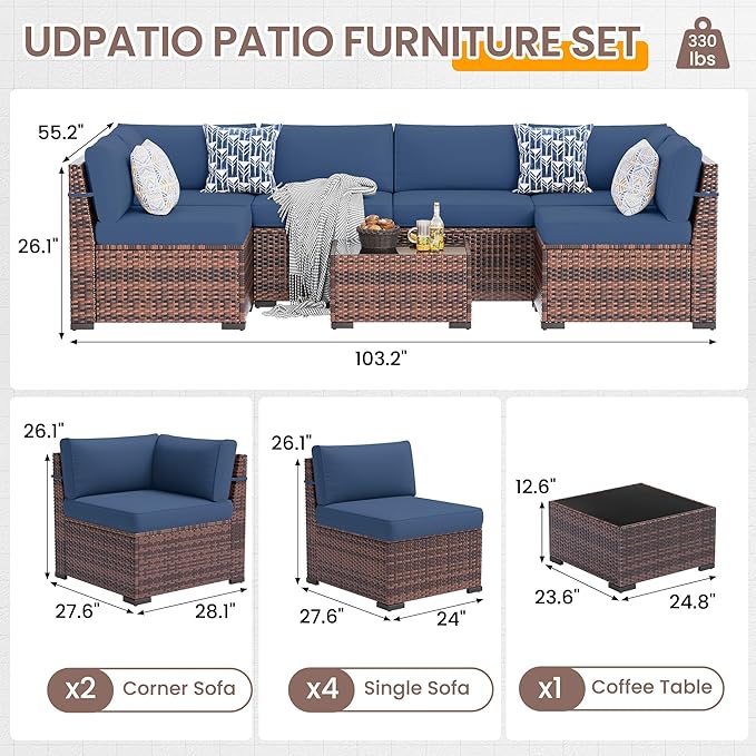 UDPATIO Patio Furniture Set, Modular Outdoor Sectional with 105°Slanted Back, 7 Pieces Rattan Conversation Set for Poolside, Backyard, Deck, with Coffee Table, Waterproof Cover, Blue