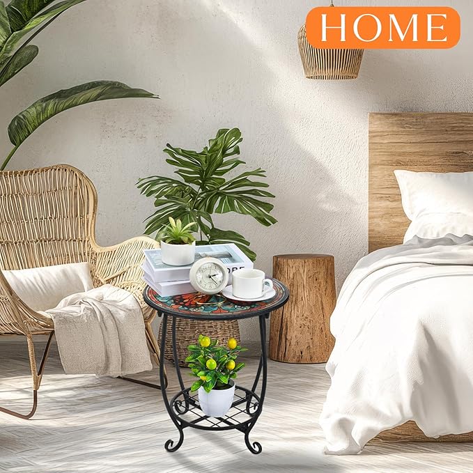 Cinnvoice Outdoor Side Table Round Small Mosaic Patio Accent Indoor End Plant Coffee Tea Table for Yard Patio Porch Garden Living Room, Bedroom(Butterfly B Style,16 Inch)