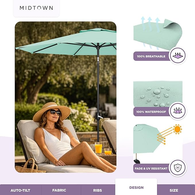 Midtown Umbrellas - The Lean 8 Ft Patio Umbrella with Fade-Resistant Sunbrella Fabric, Auto-Tilt Aluminum Frame and 8 Reinforced Ribs for Deck, Pool & Garden - Canvas Glacier Canopy, Black Pole