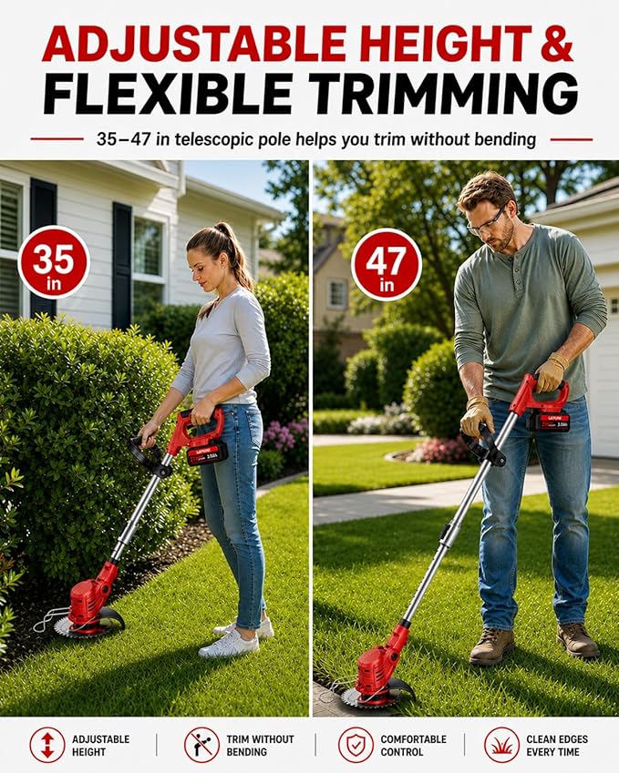Cordless Weed Wacker with Wheels, 880W Electric Weed Eater with 2 x Batteries, 3-in-1 Battery Powered Grass Trimmer/Brush Cutter with 5 Types Saw Blades, Lightweight for Lawn & Garden